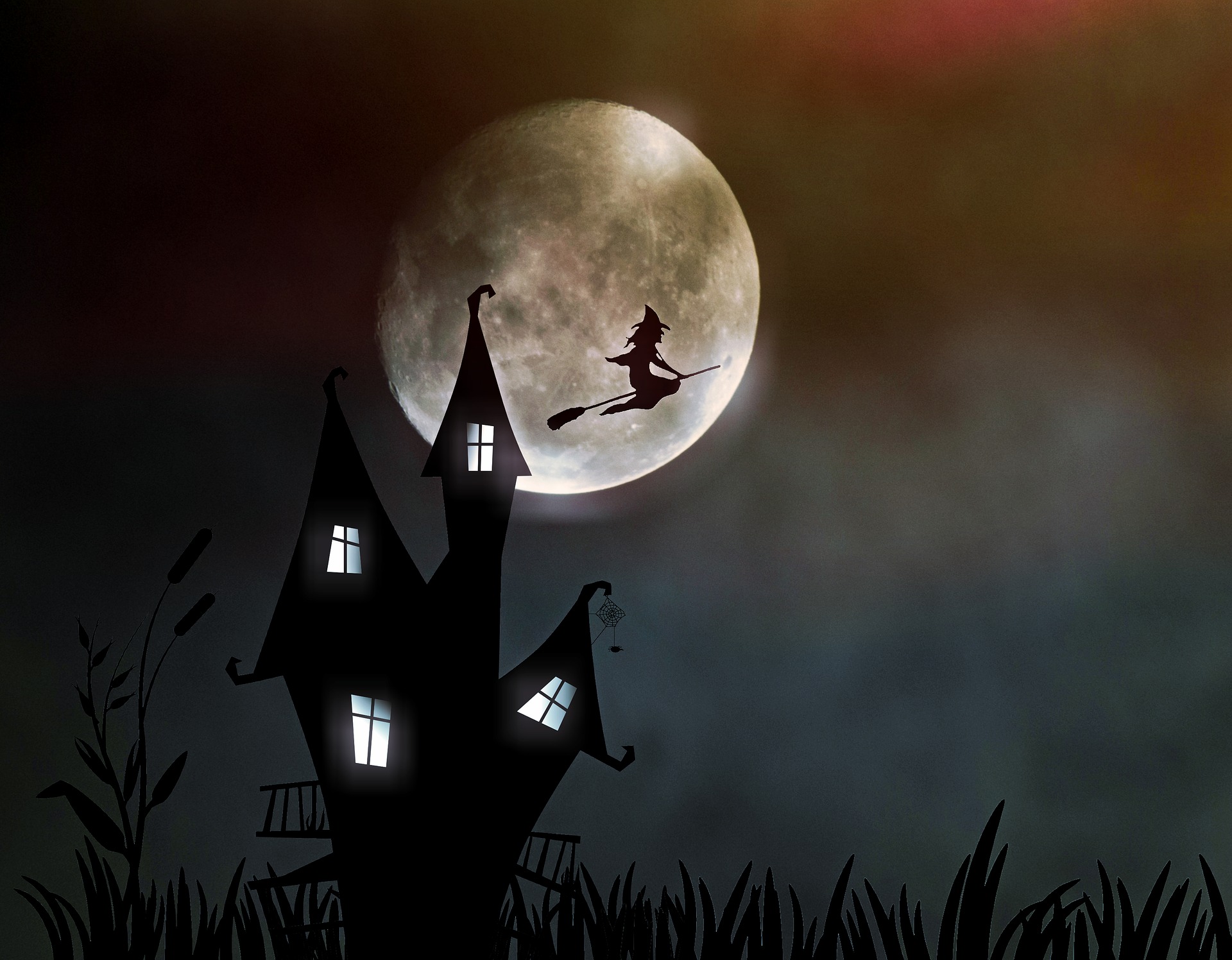 Halloween - Robert Burns. Picture of spooky house and witch on broomstick